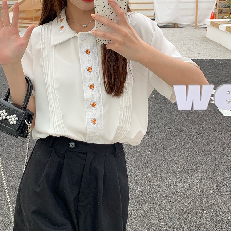 Áo Sơ Mi Ngắn Tay Thêu Hoa Thời Trang Hàn Quốc Cho Nữ