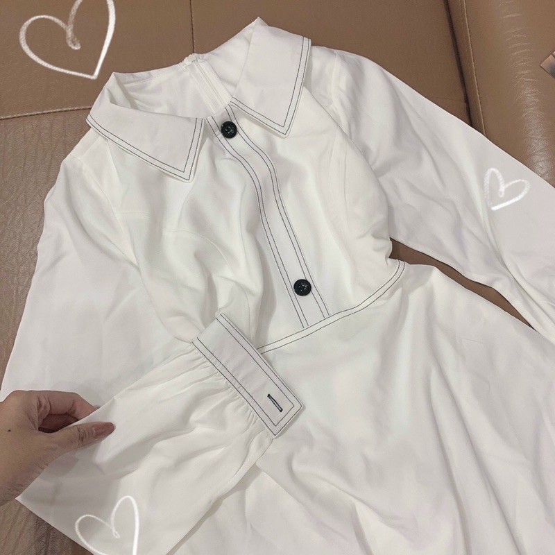 Đầm maxi trắng phối viền dài tay hàng loại 1 (ảnh thật trãi sàn) | BigBuy360 - bigbuy360.vn