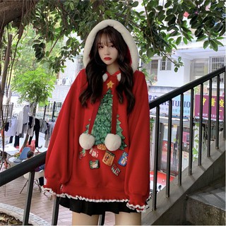 Áo hoodie from rộng nón lông hoạ tiết cây thông có bigsize