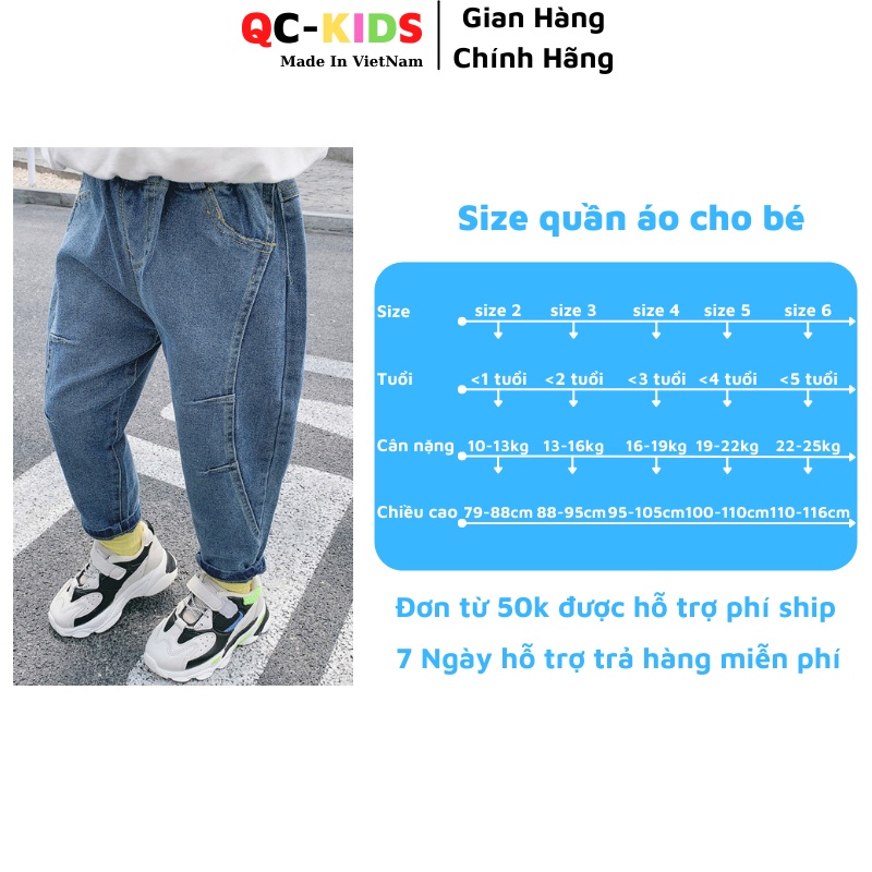 Quần jean bé gái 1 tuổi đến 5 tuổi QC-KIDS, Quần bò bé gái bé trai mí viền 10-25kg