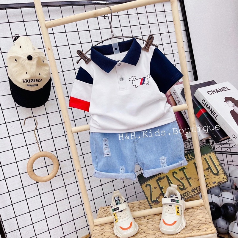 Set bộ quần jean mềm . áo cổ trụ in hình hoodie cho bé trai cực hot với hai màu trắng và ghi