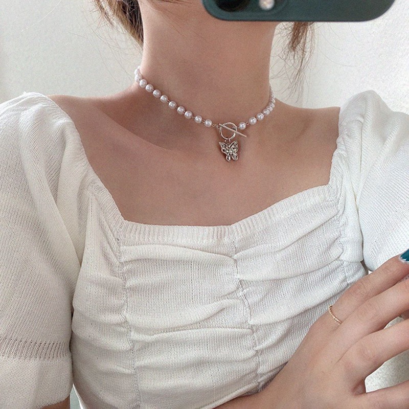 Vòng cổ mặt hình bướm đính ngọc trai xinh xắn thanh lịch cho nữ