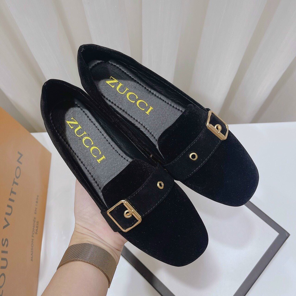 Giày nữ - giày búp bê nữ đế bệt nhung mix khóa vuông sang chảnh