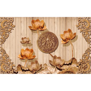 Tranh dán tường 3D điêu khắc hoa sen - VẢI LỤA  phủ kim sa (kích thước theo yêu cầu)