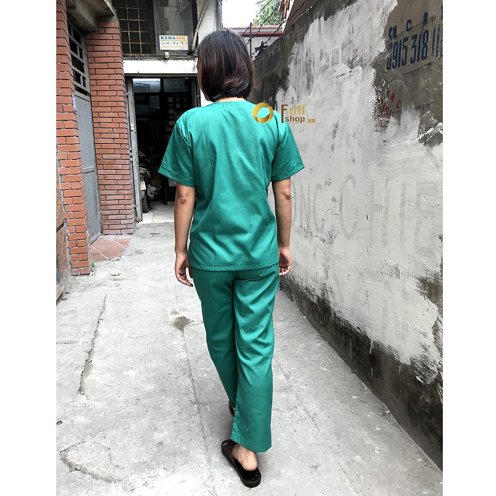 Bộ quần áo phẫu thuật xanh cao cấp - Bộ đồng phục áo blouse phẫu thuật cổ tim màu xanh két