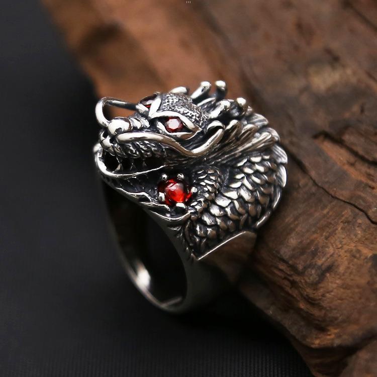 Nhẫn Bạc Thái Hình Đầu Rồng Mắt Rồng Độc Đáo