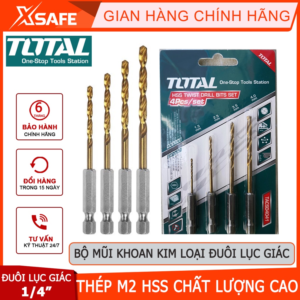 Bộ 4 mũi khoan kim loại kim đuôi lục giác TOTAL TACSD4041 Combo 4 mũi khoan đuôi gài Gồm 4 size, đuôi lục giác 1/4&quot;