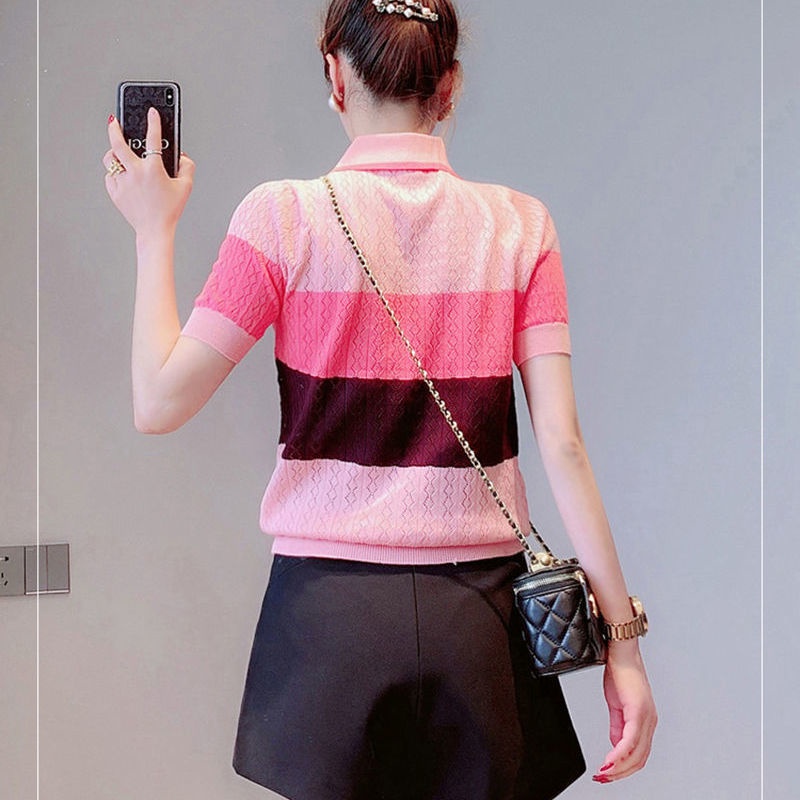 Jiashucheng Áo Sweater Lụa Lạnh Mỏng Tay Ngắn Cổ Polo Thêu Hình Thỏ Dâu Tây Rỗng Phong Cách Mới Mùa Hè Cho Nữ