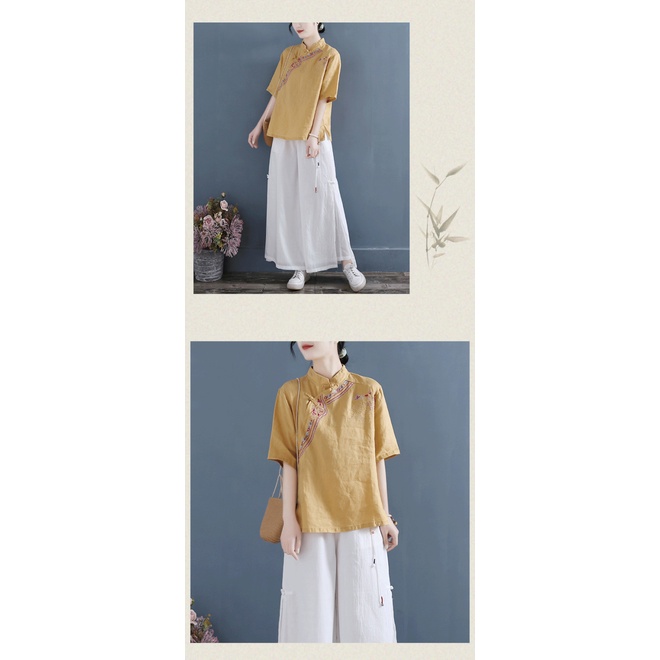 Áo Sơ Mi Vải Lanh Cotton Cổ Đứng Tay Ngắn Cài Khuy Thêu Họa Tiết Kiểu Trung Hoa Thời Trang Mùa Hè 2022 Cho Nữ