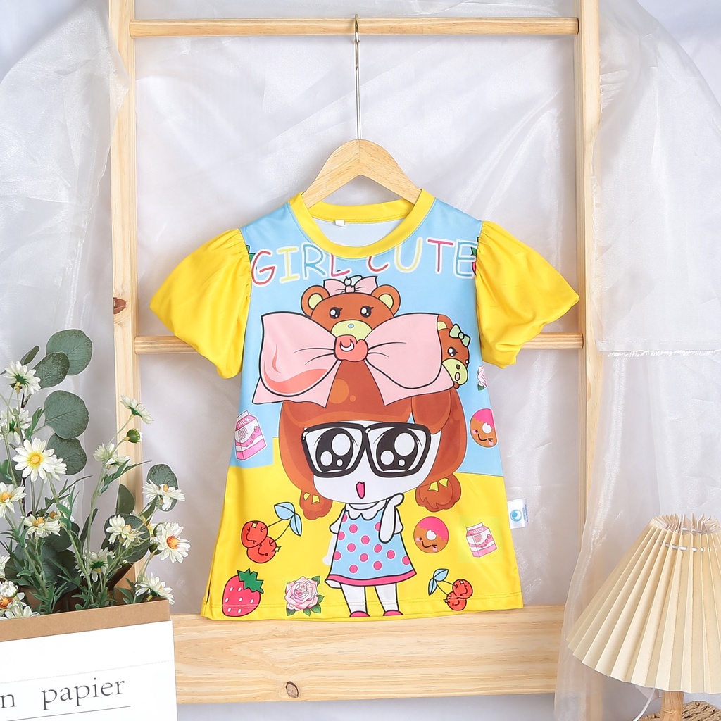 Váy Đầm Bé Gái tay phồng Hàng mới về chất liệu thun dày SIL LẠNH mịn mát in hình 3D.