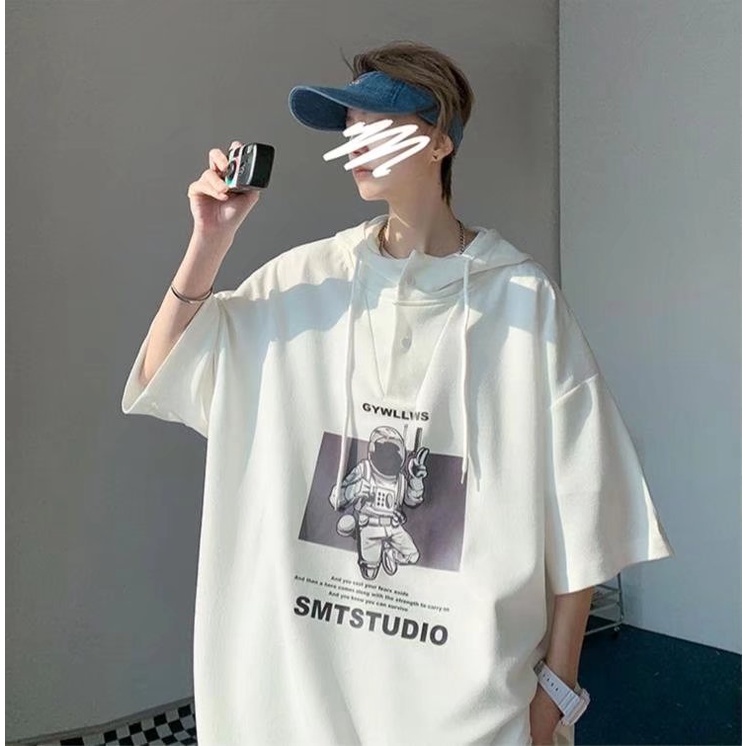Áo Hoodie Tay Ngắn Dáng Rộng In Hình Phi Hành Gia Kiểu Hip-Hop Đường Phố Nhật Bản Cỡ M-3XL Cho Nam
