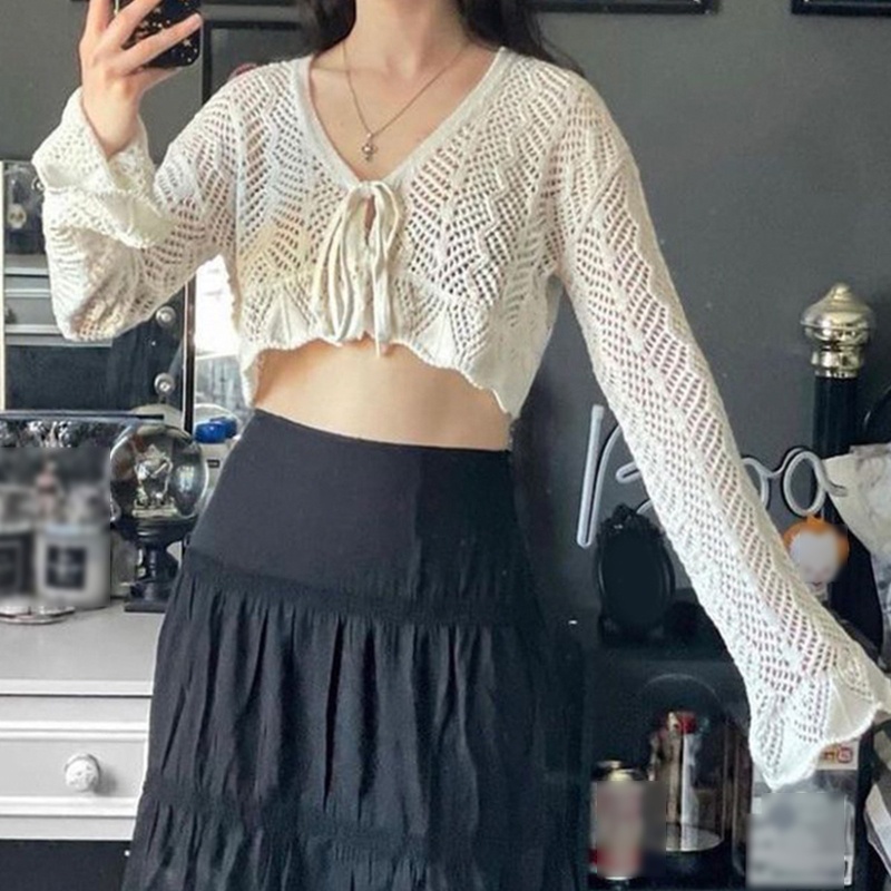 Áo Croptop Dệt Kim Tay Dài Chống Nắng Thời Trang Cho Nữ