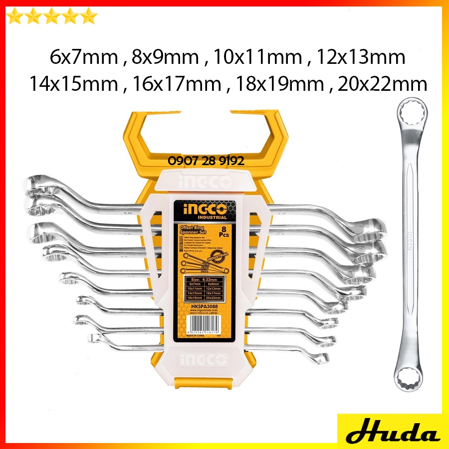 Bộ 8 cờ lê vòng miệng 2 miệng 2 vòng 6-22mm Total Ingco sơn bóng chất liệu Cr-V chắc chắn