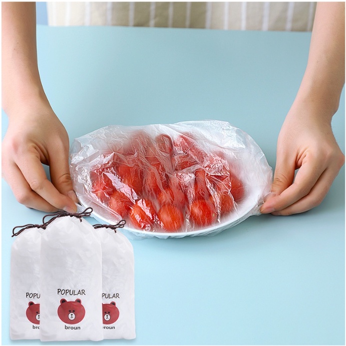 Màng bọc thực phẩm co giãn siêu dai sử dụng lò vi sóng, chống bụi bẩn an toàn vệ sinh có chun hình túi gấu set 100 chiếc