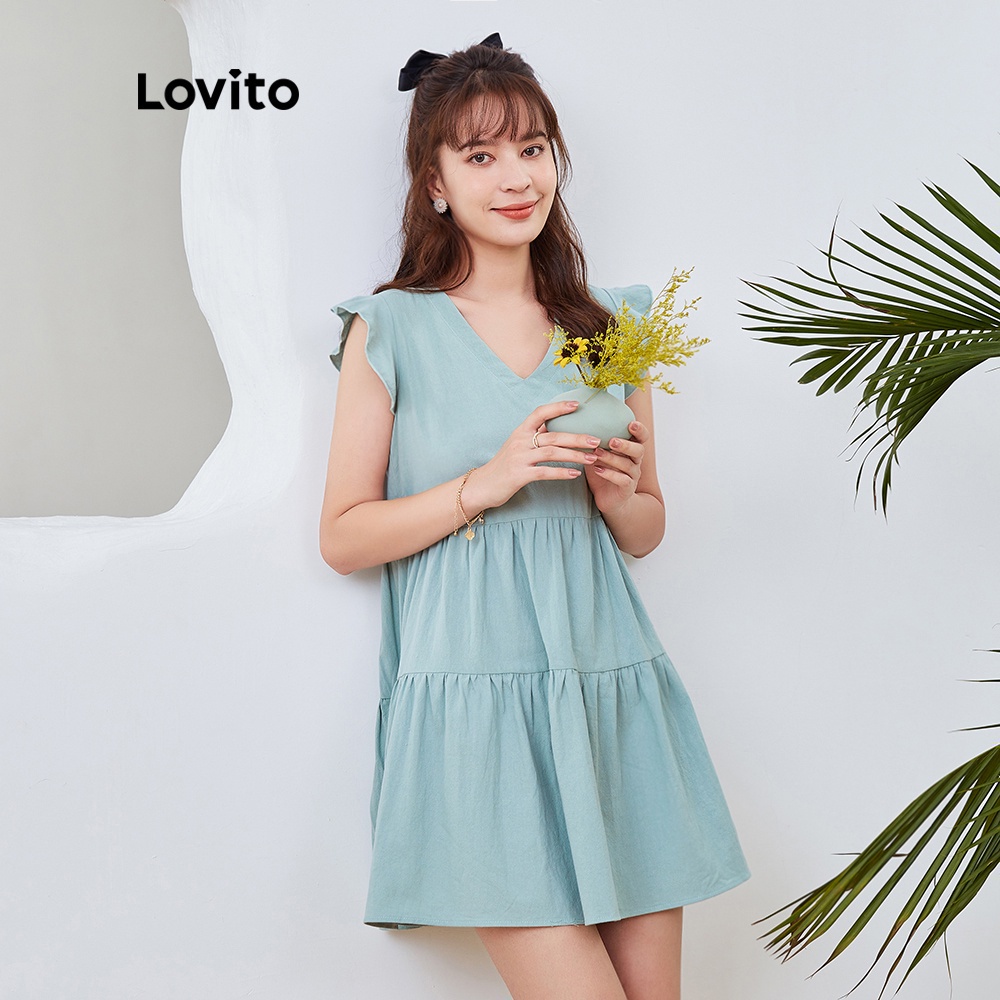 Đầm mini Lovito dáng chữ A cổ chữ V dáng rộng viền xếp nếp dễ thương màu trơn giản dị L04075 (xanh lá)