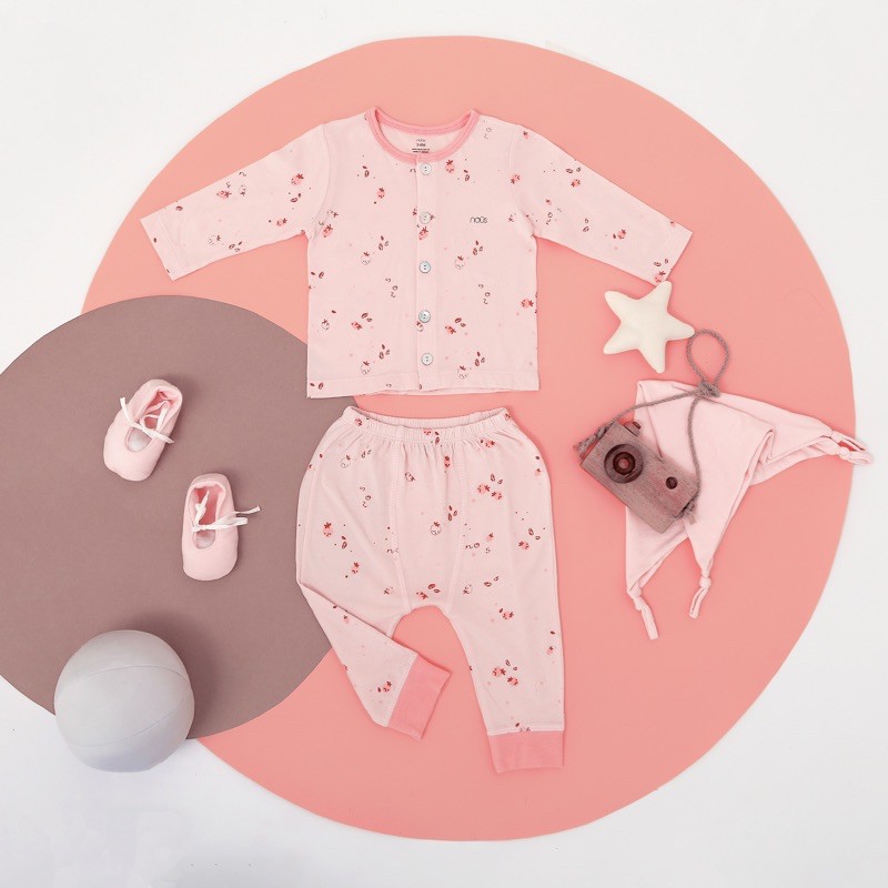 Bộ Nous dài cài thẳng dâu hồng - xanh 0-12M