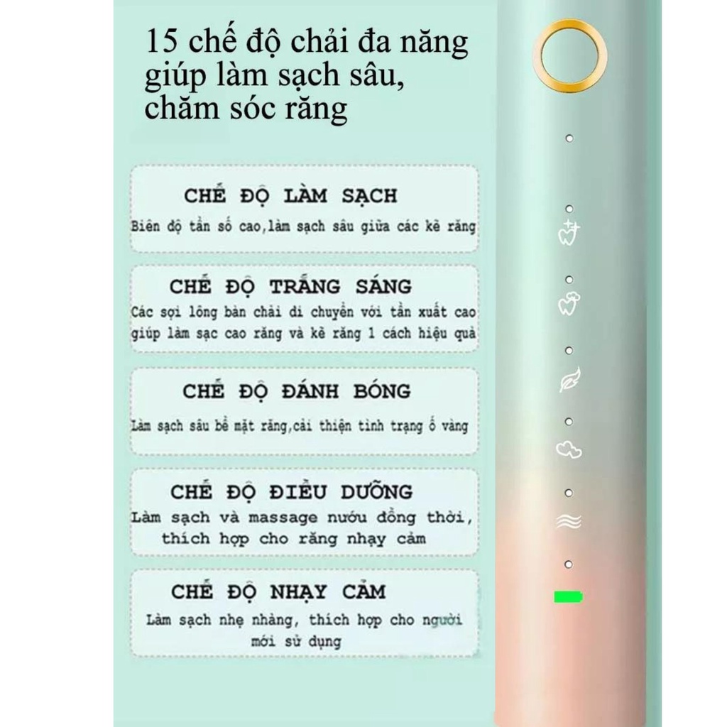 Bàn Chải Điện Tự Động 5 in 1 Cao Cấp JIALAIYA X100 Tẩy Trắng Răng Máy Đánh Răng Lông Mềm Cho Bé Tặng 5 Đầu Bàn Chải Điện