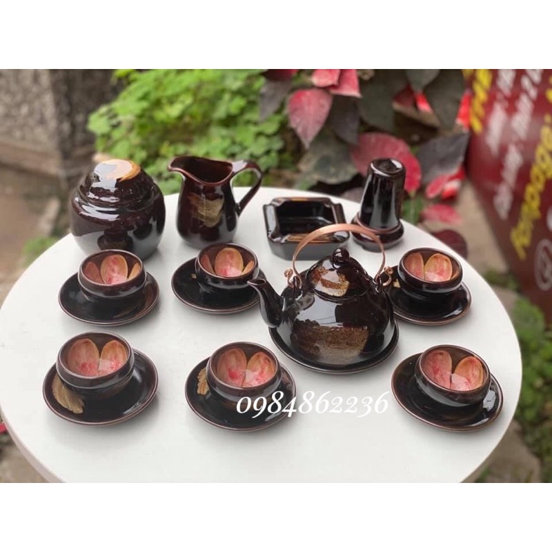 Bộ ấm chén HOA TRONG LÒNG CHÉN men nâu quết Bát Tràng - Bộ trà Bát Tràng