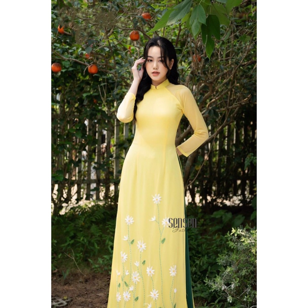 Áo Dài Truyền Thống Nữ Vàng 4 Tà Hoa Thêu Ri Băng Áo Dài Chuẩn Phom Cam kết Chất Lượng