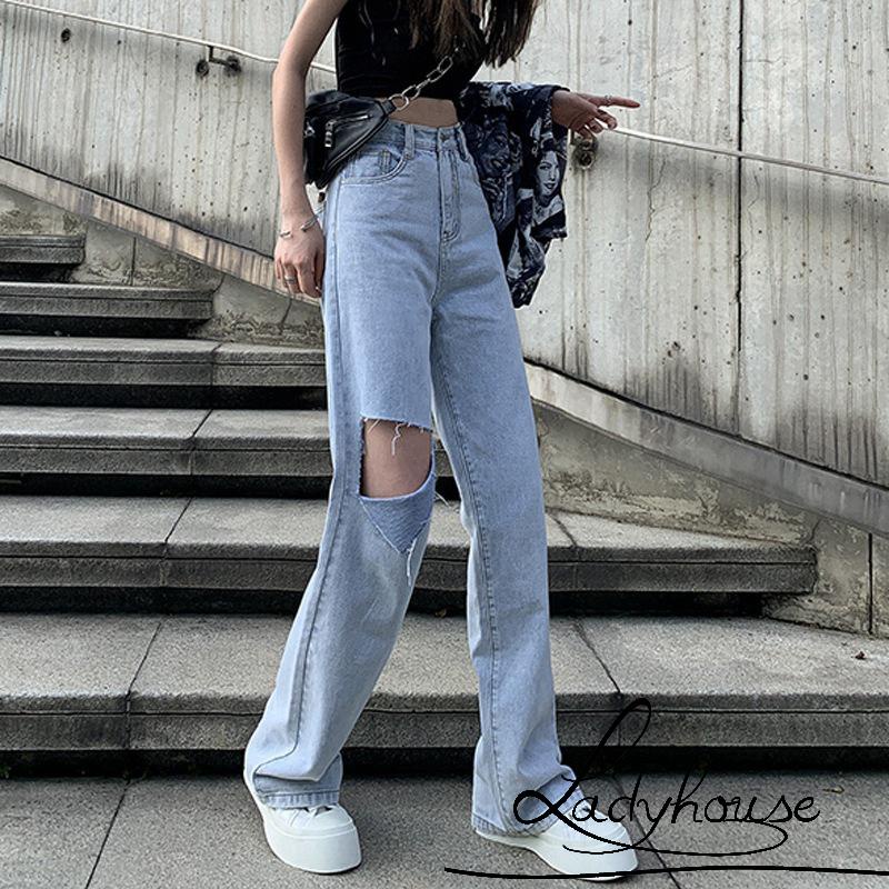 Quần Jean Dài Ống Rộng Lưng Cao Màu Sắc Trơn Thời Trang Cho Nữ