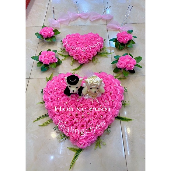 Bộ xe hoa cưới vải giả đẹp trang trí xe đám cưới