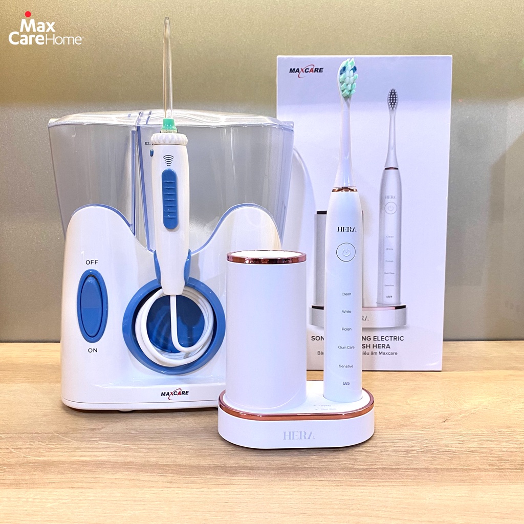 [COMBO GIẢM 1.330K] Máy tăm nước gia đình + Bàn chải điện sóng siêu âm Maxcare Hera Whitening