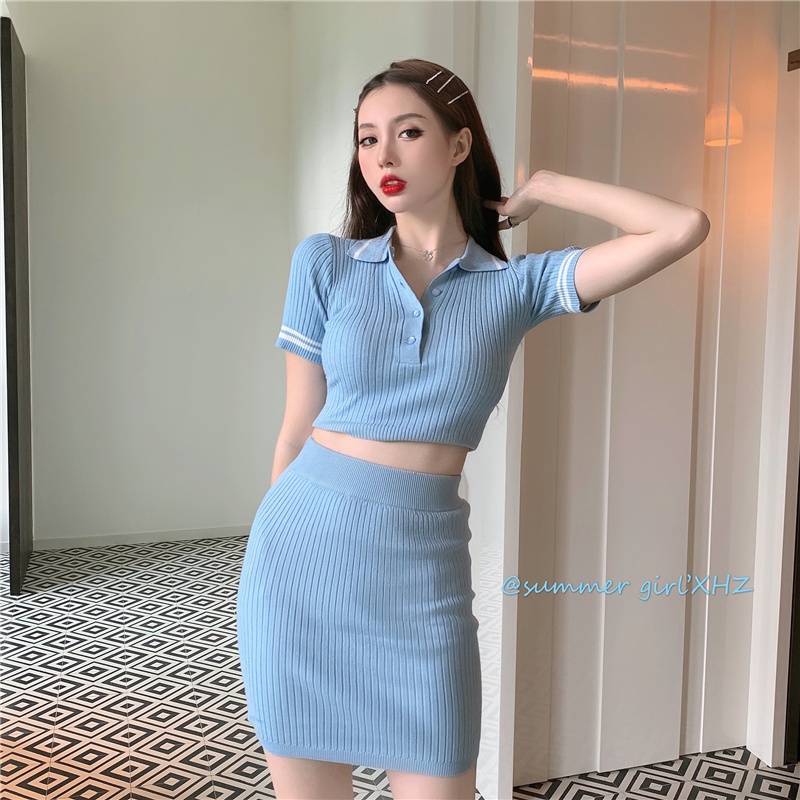 Set Áo Thun polo Tay Ngắn + Chân Váy Dệt Kim Lưng Cao Dáng Ôm Co Giãn Thời Trang Mùa Hè Phong Cách Trung Hoa Mới
