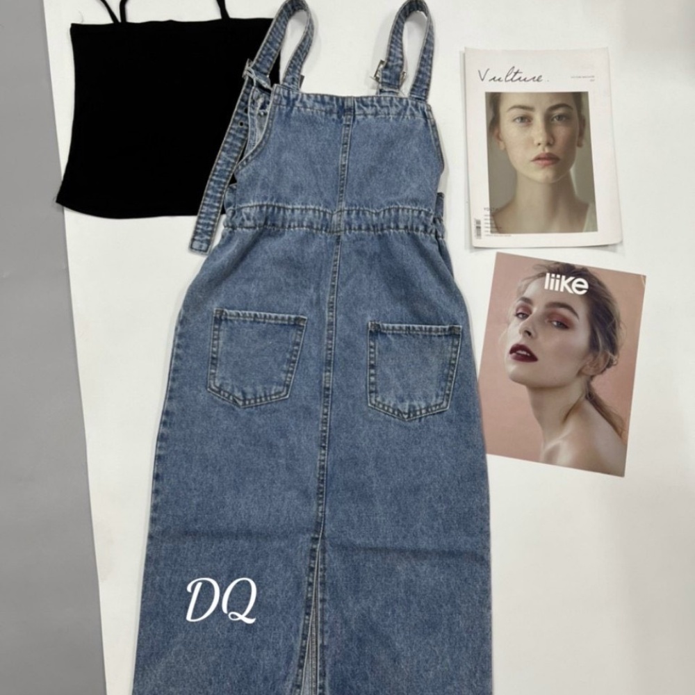 Yếm Váy Jean Nữ Chất Bò Form Dài Phối Dây Rút Eo Túi Phía Trước, Yếm Bò Nữ Phong Cách Hàn Quốc