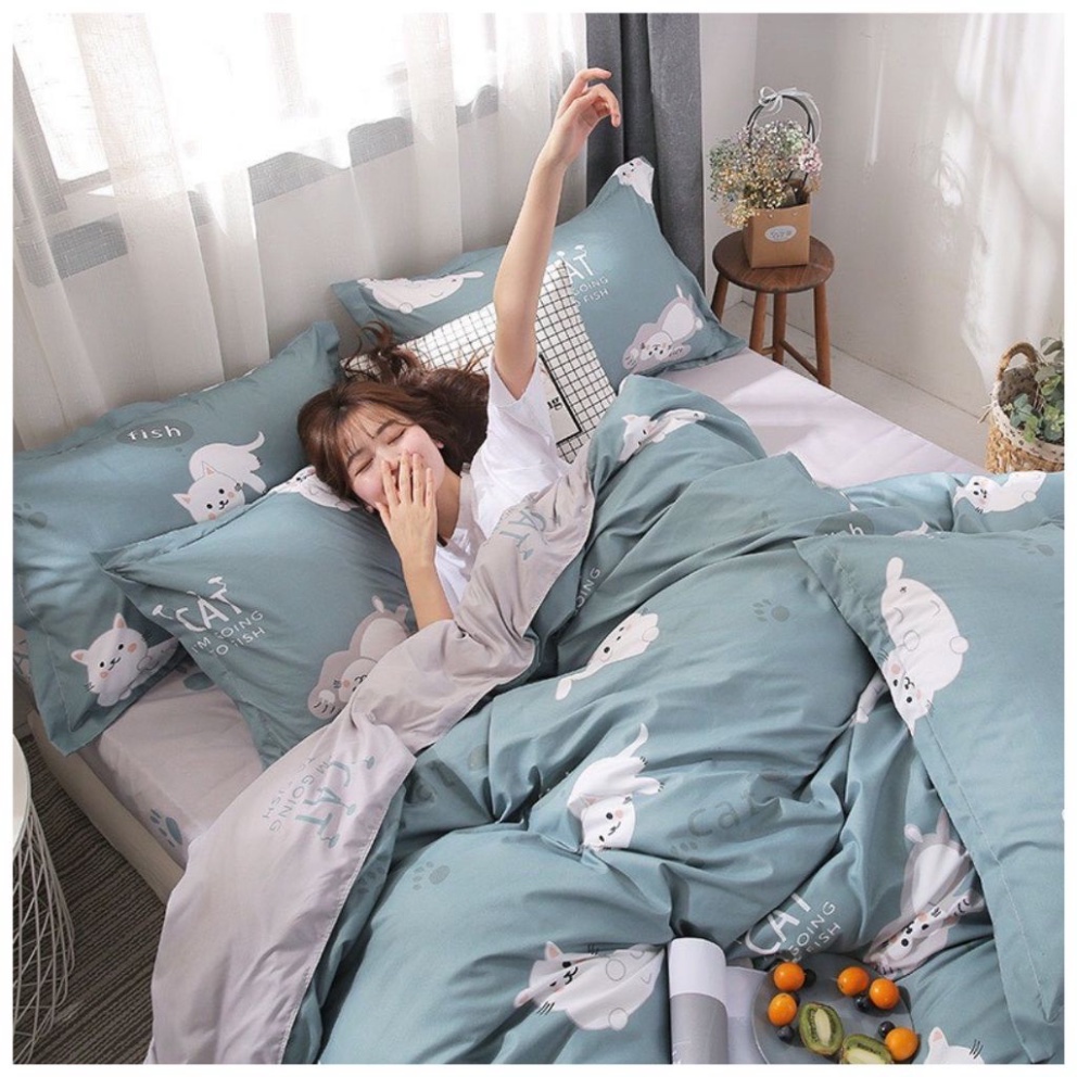 Bộ chăn ga gối Cotton Poly Kanta store Mèo lười, vỏ chăn mền, drap giường và 2 vỏ gối