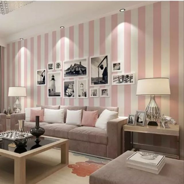 Giấy dán tường sọc trắng hồng khổ rộng 60cm loại dày