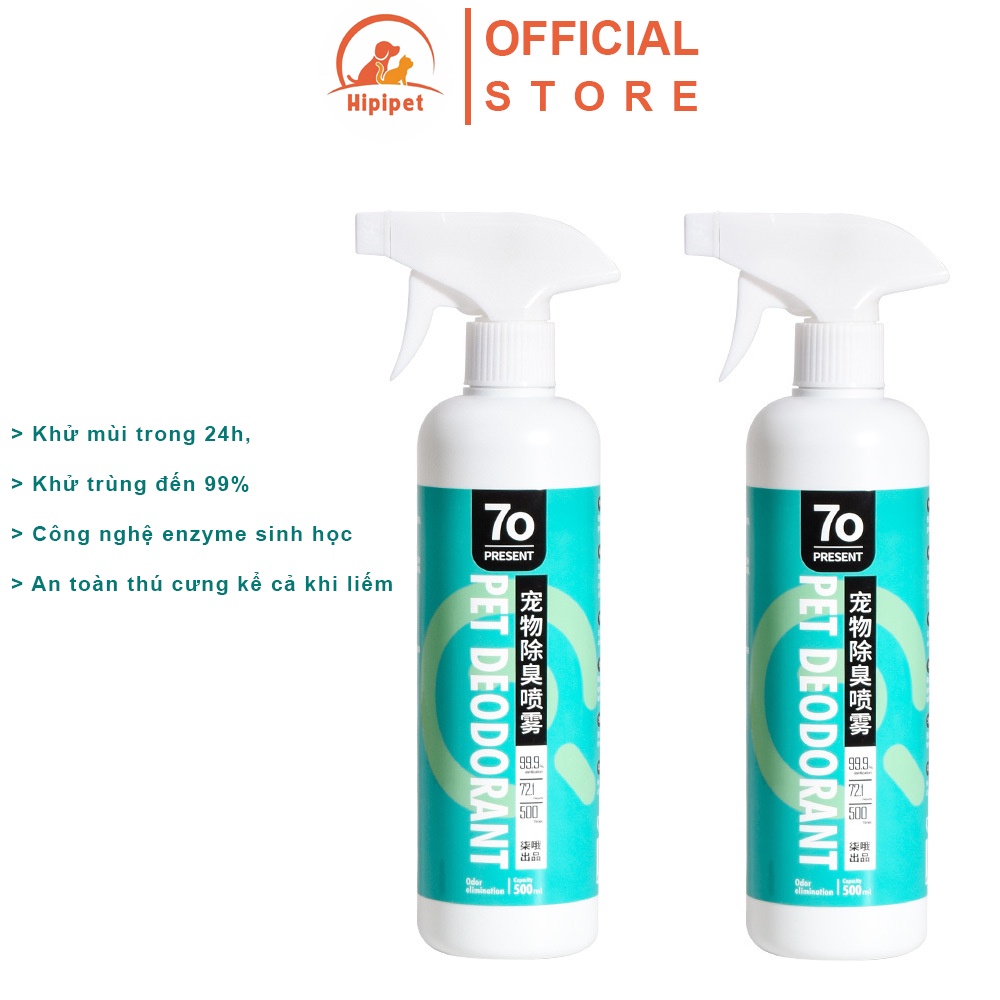 Xịt khử mùi chó mèo vệ sinh Hipipet PET DEODORANT công nghệ enzyme sinh học khử mùi 24h khử trùng 99% - 500ml