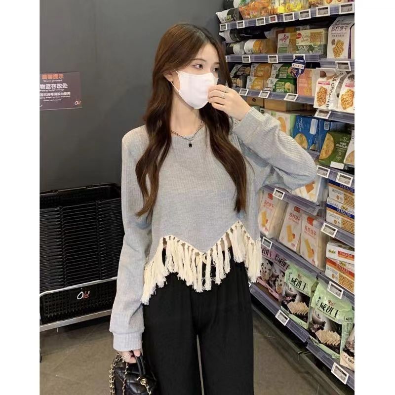 Áo dệt kim BH nữ dài tay cổ tròn lưng cao viền phối tua thời trang Hàn
