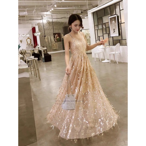 Đầm 2 dây kim sa tua rua dự tiệc hở lưng size M