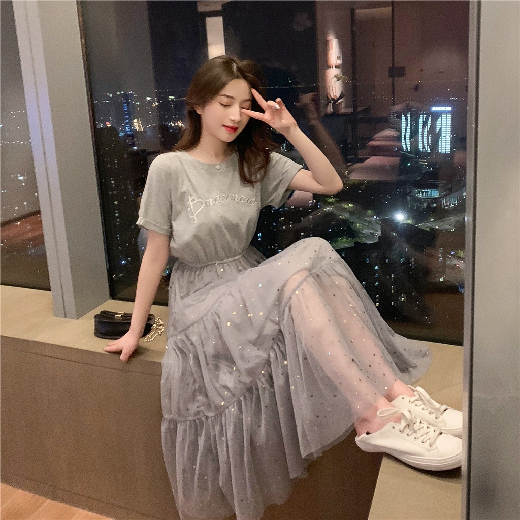Đầm Nữ Phối Lưới Đính Kim Sa Lấp Lánh
