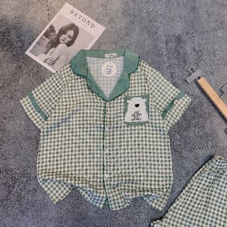 Đồ bộ Pijama- Đồ bộ Pijama lụa Satin cộc tay đùi caro xanh gấu thiết kế cao cấp