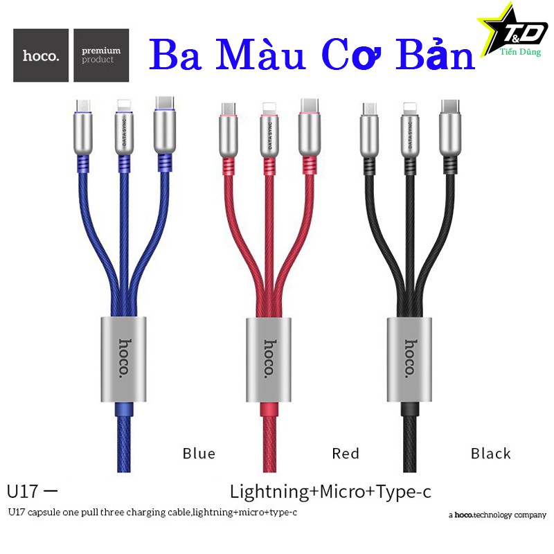 Cáp sạc Hoco U17 loại 3 đầu Lighting Micro Type C dài 1.5m