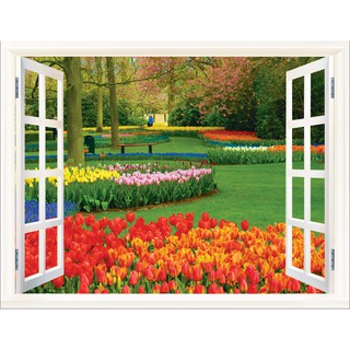 Tranh dán tường 3D cửa sổ vườn hoa- VẢI LỤA  phủ kim sa (kích thước theo yêu cầu)