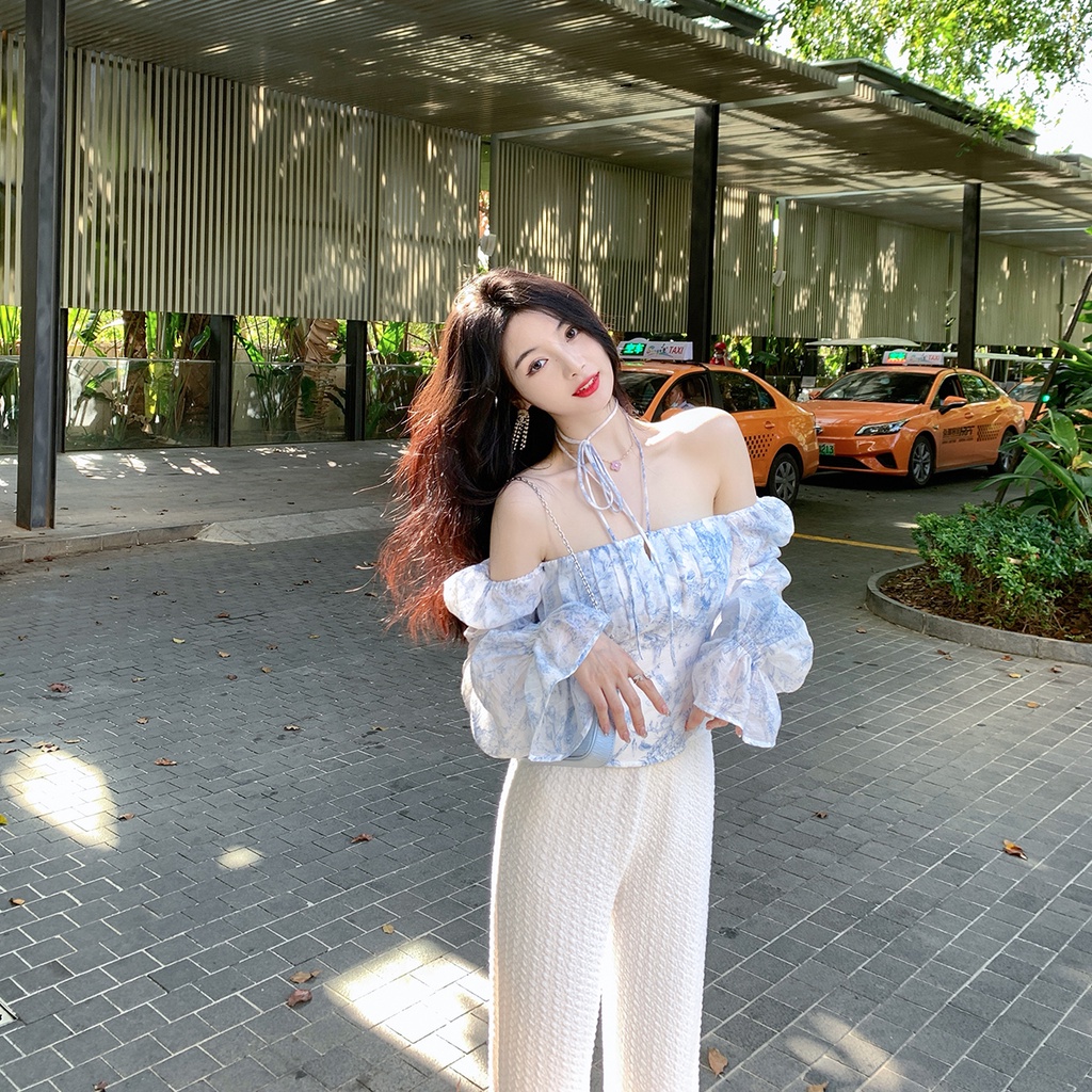 Mới Áo chiffon Nữ Trễ Vai Họa Tiết Hoa