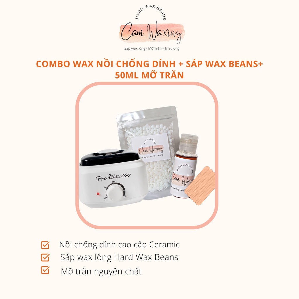 Combo 100gr Sáp Wax Nóng Nhập Khẩu Nồi Nấu Sáp Pro-Wax200 và 50ml Mỡ Trăn Tặng Que Wax