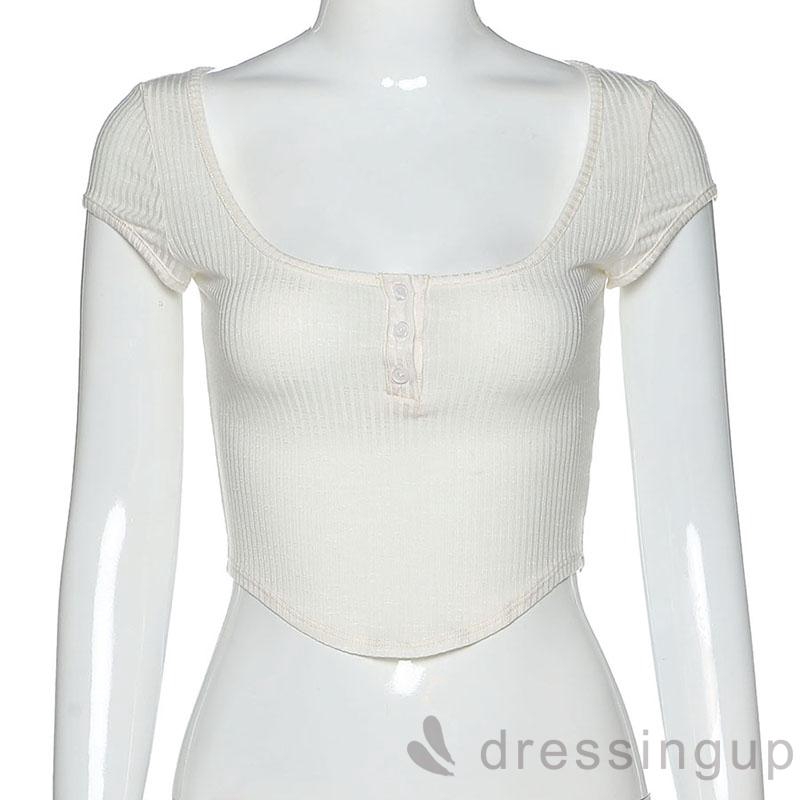 Áo thun tay ngắn cổ V phối nút chất liệu xuyên thấu quyến rũ cho nữ