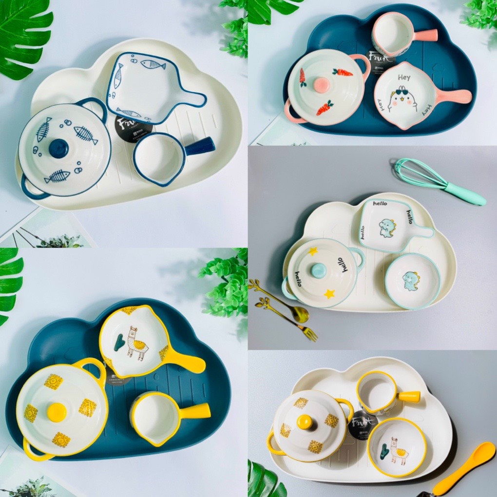 (Tặng Thìa) Combo Ăn Dặm, Set Bát Sứ Ăn Dặm Cho Bé Họa Tiết Ngộ Nghĩnh Kèm Khay Mây Pupukids