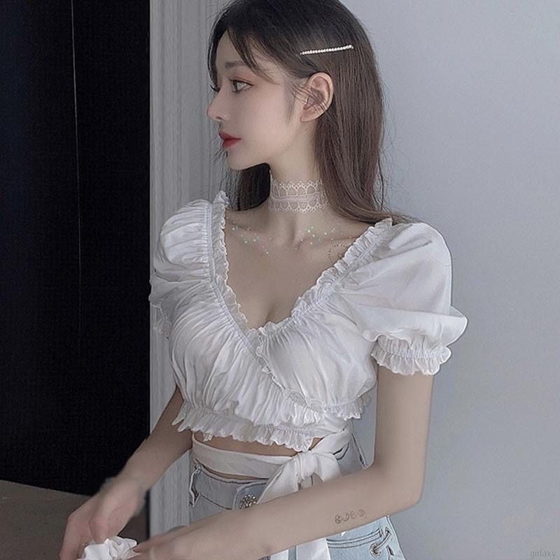 Áo kiểu nữ form croptop chất kate lụa nhún dây cột eo