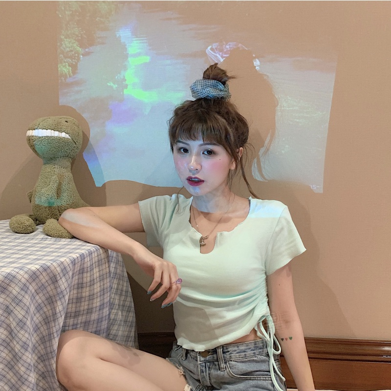 Áo thun ZHELIHANGFEI ngắn tay cổ cao phối dây rút thời trang mùa xuân 2022 cho nữ