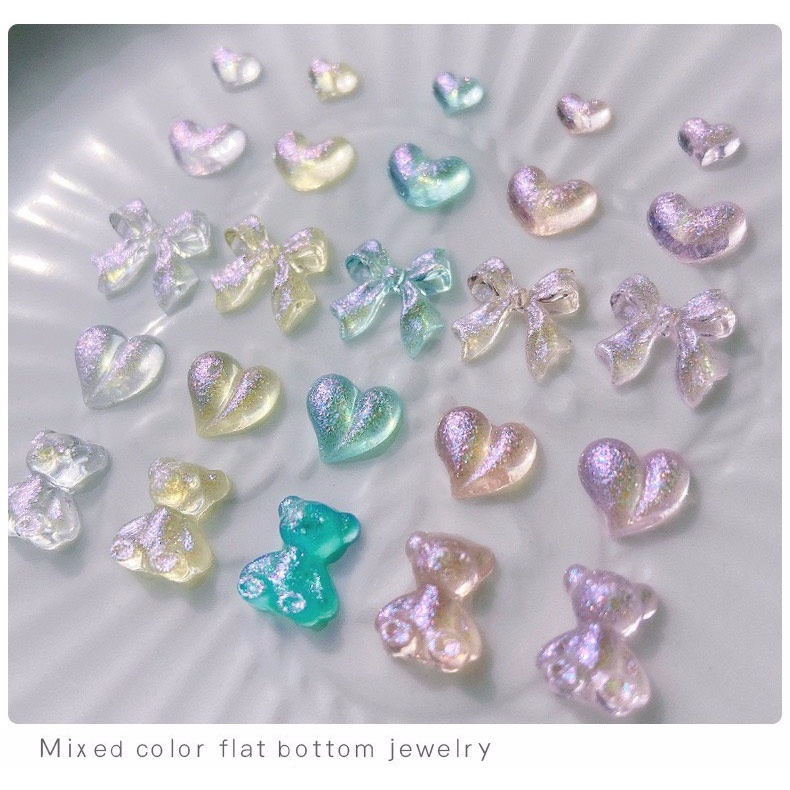 Set 10 charm nơ, gấu, tim, tim đào xà cừ ánh nhũ mix màu đính móng