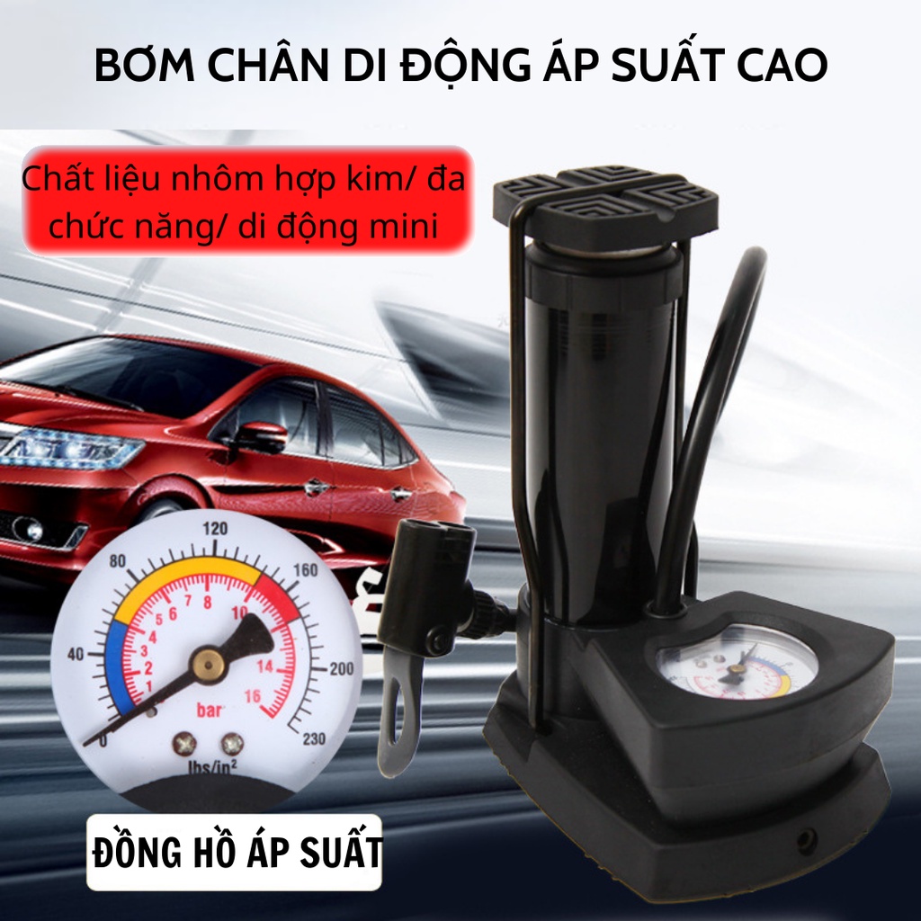 Bơm Xe Đạp,bơm hơi đạp chân mini đa năng có đồng hồ đo áp suất, dùng cho xe máy, xe đạp, ô tô,thiết kế chuyên dụng mang