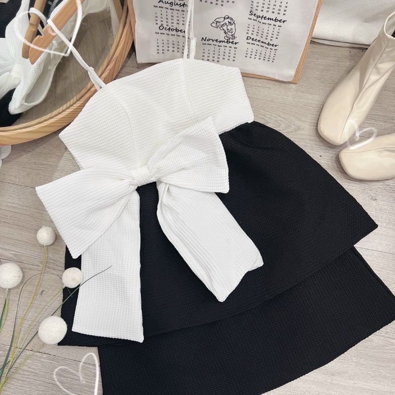 Set xốp 2 dây phối trắng đen nơ eo