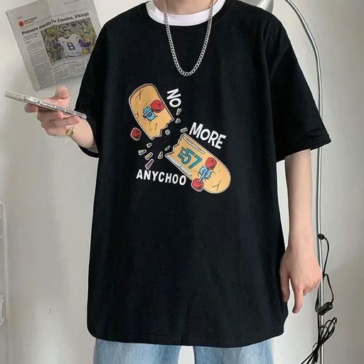 Áo thun tay ngắn dáng rộng in họa tiết ván trượt phong cách Hồng Kông thời trang cho nam