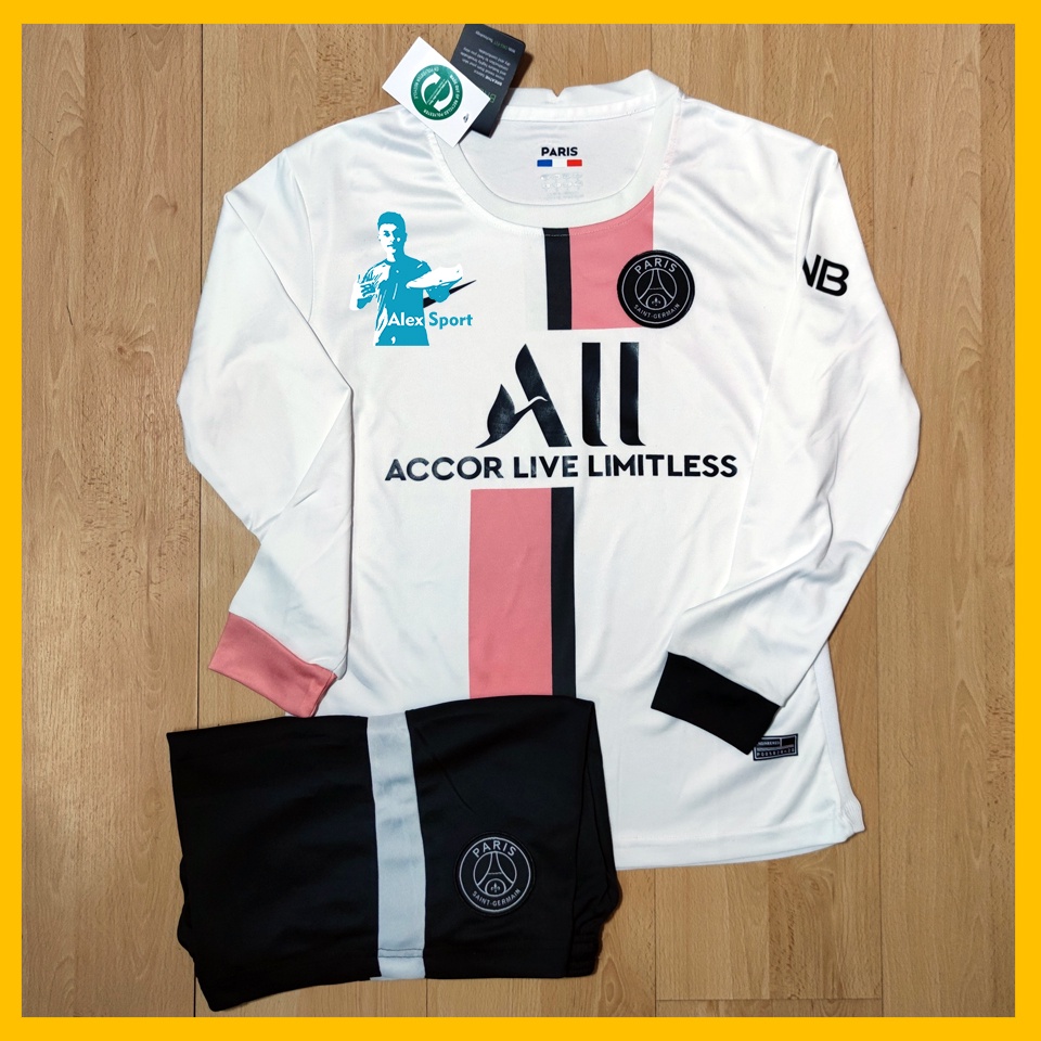 Tặng kèm khẩu trang - Bộ quần áo bóng đá CLB PSG trắng hồng dài tay - Alex Sport