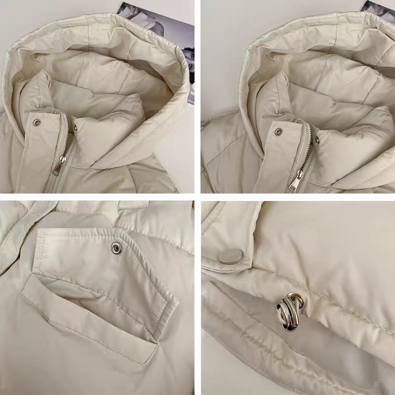 Áo khoác phao dán dài dày dặn có nón túi xẻ