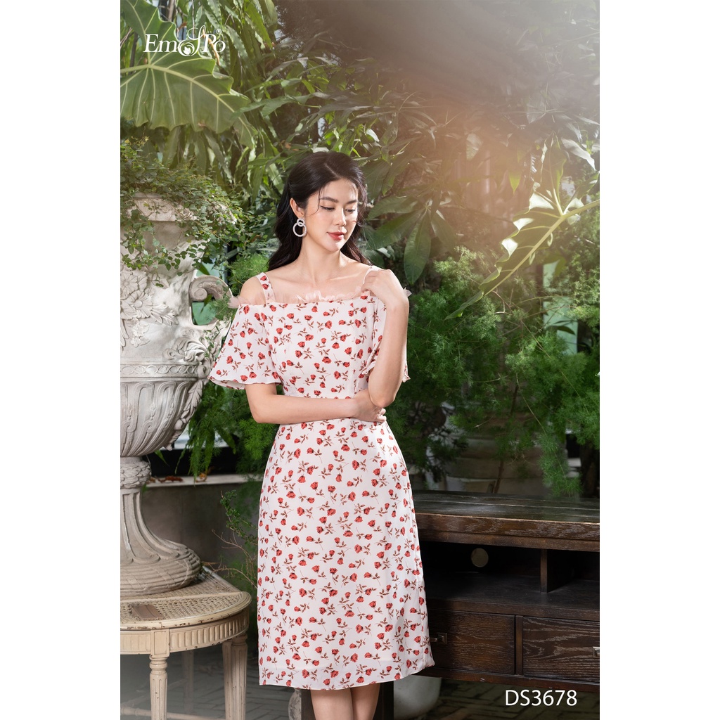 Đầm hoa xoè trễ vai, phối ren lưới Emspo DS3678